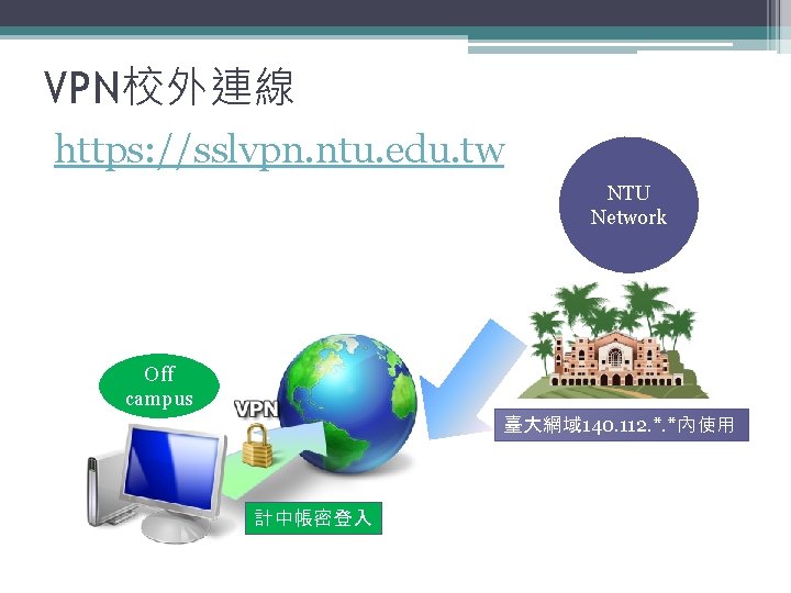 VPN校外連線 https: //sslvpn. ntu. edu. tw NTU Network Off campus 臺大網域 140. 112. *.