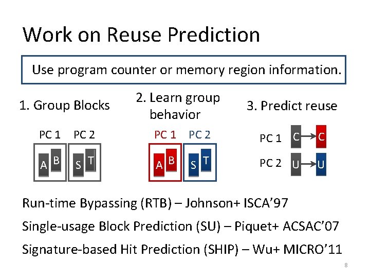 Work on Reuse Prediction Use program counter or memory region information. 1. Group Blocks