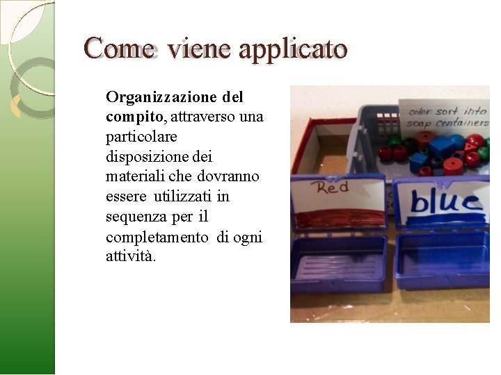 Come viene applicato Organizzazione del compito, attraverso una particolare disposizione dei materiali che dovranno