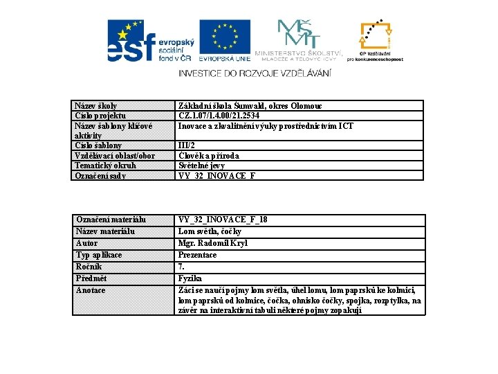 Název školy Číslo projektu Název šablony klíčové aktivity Číslo šablony Vzdělávací oblast/obor Tematický okruh