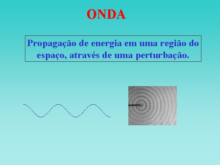 ONDA Propagação de energia em uma região do espaço, através de uma perturbação. ONDA Propagação de energia em uma região do espaço, através de uma perturbação.