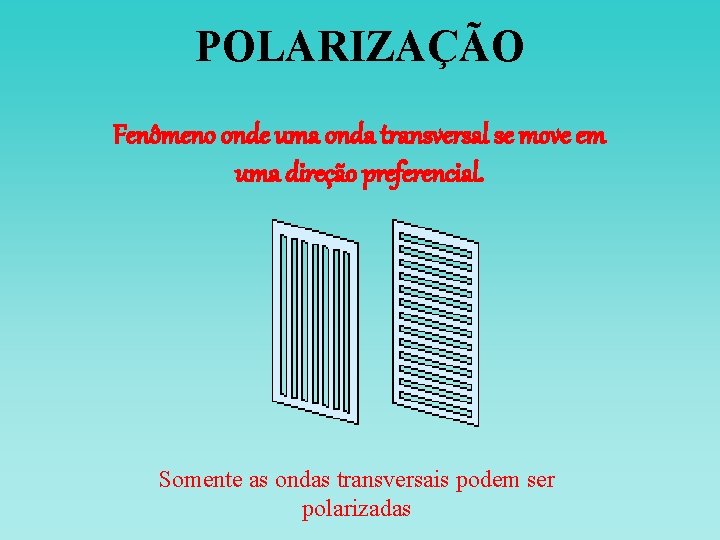 POLARIZAÇÃO Fenômeno onde uma onda transversal se move em uma direção preferencial. Somente as POLARIZAÇÃO Fenômeno onde uma onda transversal se move em uma direção preferencial. Somente as