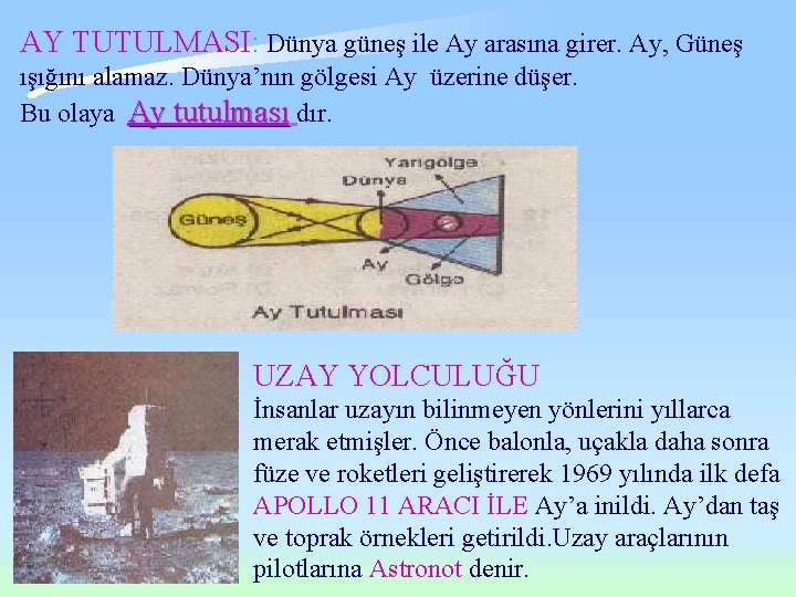 AY TUTULMASI: Dünya güneş ile Ay arasına girer. Ay, Güneş ışığını alamaz. Dünya’nın gölgesi AY TUTULMASI: Dünya güneş ile Ay arasına girer. Ay, Güneş ışığını alamaz. Dünya’nın gölgesi