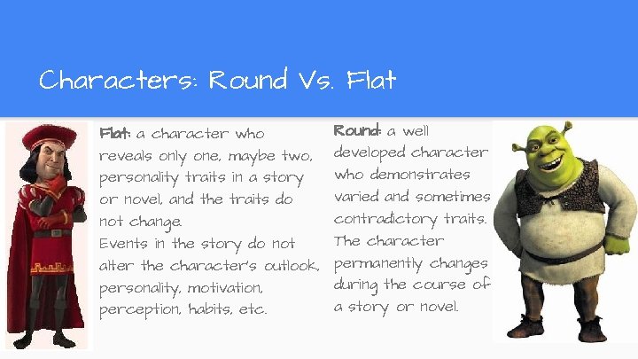 Characters: Round Vs. Flat: a character who reveals only one, maybe two, personality traits Characters: Round Vs. Flat: a character who reveals only one, maybe two, personality traits