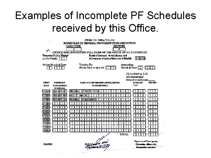 Examples of Incomplete PF Schedules received by this Office. 