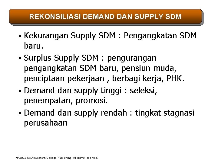 REKONSILIASI DEMAND DAN SUPPLY SDM Kekurangan Supply SDM : Pengangkatan SDM baru. § Surplus