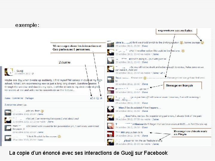 exemple: La copie d’un énoncé avec ses interactions de Guojj sur Facebook 