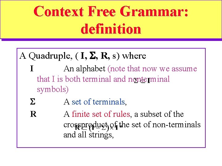 Context Free Grammar: definition A Quadruple, ( I, , R, s) where I An Context Free Grammar: definition A Quadruple, ( I, , R, s) where I An