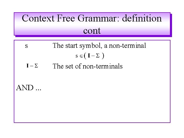 Context Free Grammar: definition cont s The start symbol, a non-terminal The set of Context Free Grammar: definition cont s The start symbol, a non-terminal The set of