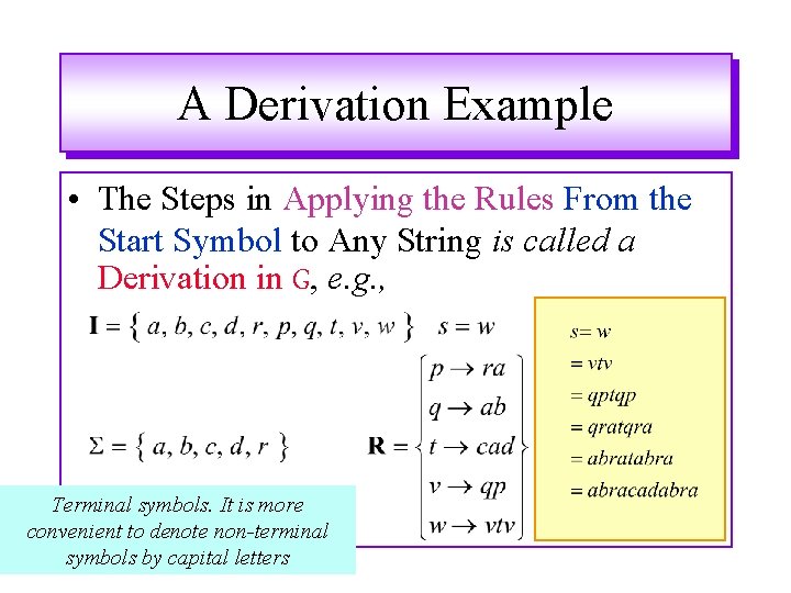 A Derivation Example • The Steps in Applying the Rules From the Start Symbol A Derivation Example • The Steps in Applying the Rules From the Start Symbol