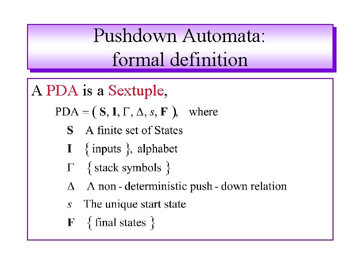 Pushdown Automata: formal definition A PDA is a Sextuple, Pushdown Automata: formal definition A PDA is a Sextuple,