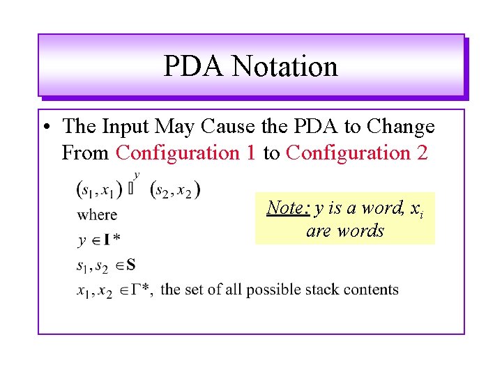 PDA Notation • The Input May Cause the PDA to Change From Configuration 1 PDA Notation • The Input May Cause the PDA to Change From Configuration 1