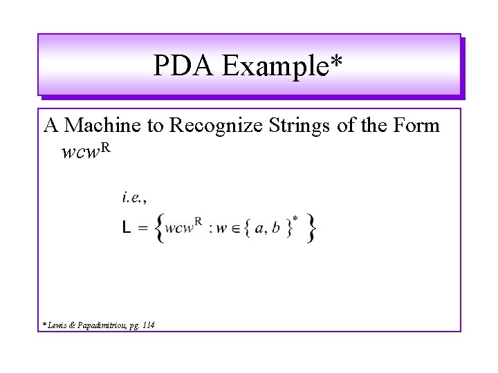 PDA Example* A Machine to Recognize Strings of the Form wcw. R * Lewis PDA Example* A Machine to Recognize Strings of the Form wcw. R * Lewis