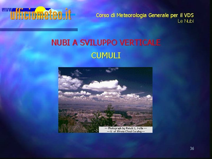 Corso di Meteorologia Generale per il VDS Le Nubi NUBI A SVILUPPO VERTICALE CUMULI