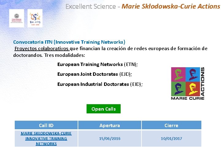 Excellent Science - Marie Skłodowska-Curie Actions Convocatoria ITN (Innovative Training Networks) Proyectos colaborativos que