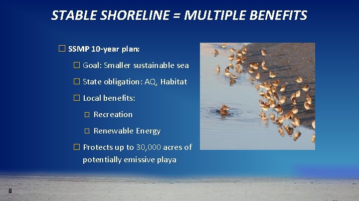 STABLE SHORELINE = MULTIPLE BENEFITS � SSMP 10 -year plan: � Goal: Smaller sustainable