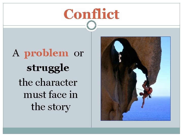 Conflict A problem or struggle the character must face in the story 