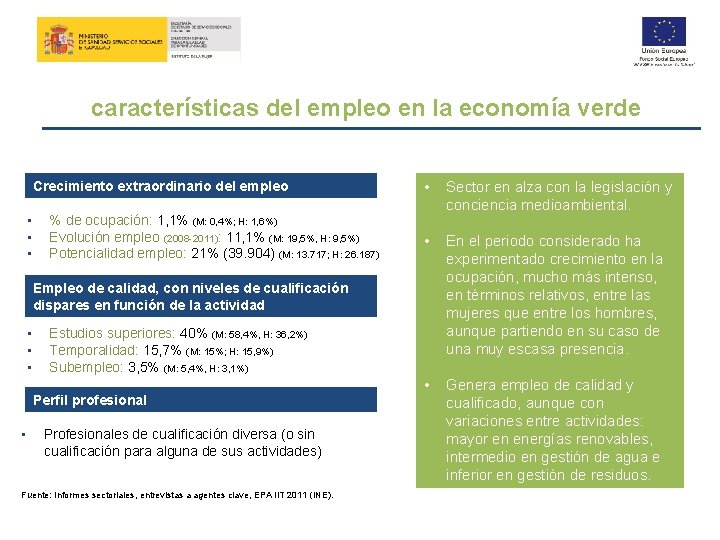 características del empleo en la economía verde Crecimiento extraordinario del empleo • • •