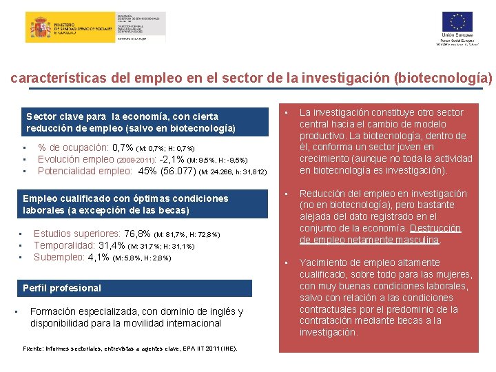 características del empleo en el sector de la investigación (biotecnología) Sector clave para la