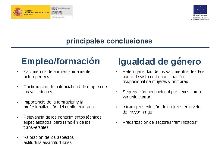 principales conclusiones Empleo/formación • Yacimientos de empleo sumamente heterogéneos. • • Igualdad de género