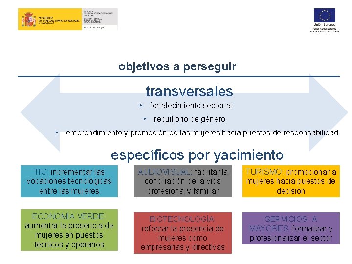 objetivos a perseguir transversales • fortalecimiento sectorial • • requilibrio de género emprendimiento y