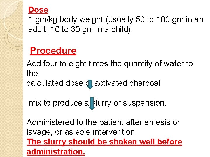 Dose 1 gm/kg body weight (usually 50 to 100 gm in an adult, 10 Dose 1 gm/kg body weight (usually 50 to 100 gm in an adult, 10