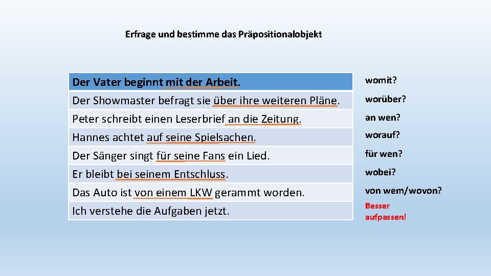 Erfrage und bestimme das Präpositionalobjekt Der Vater beginnt mit der Arbeit. Der Showmaster befragt