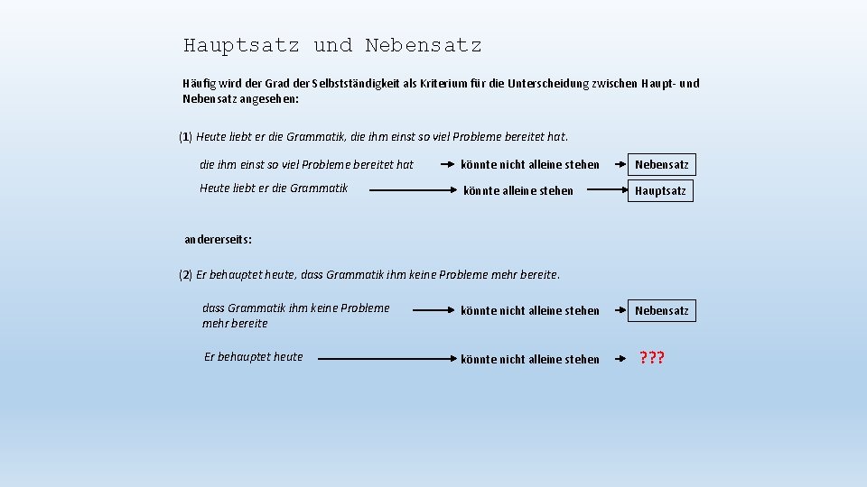 Hauptsatz und Nebensatz Häufig wird der Grad der Selbstständigkeit als Kriterium für die Unterscheidung