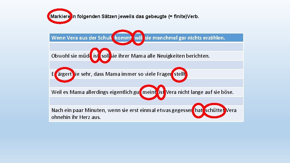 Markiere in folgenden Sätzen jeweils das gebeugte (= finite)Verb. Wenn Vera aus der Schule