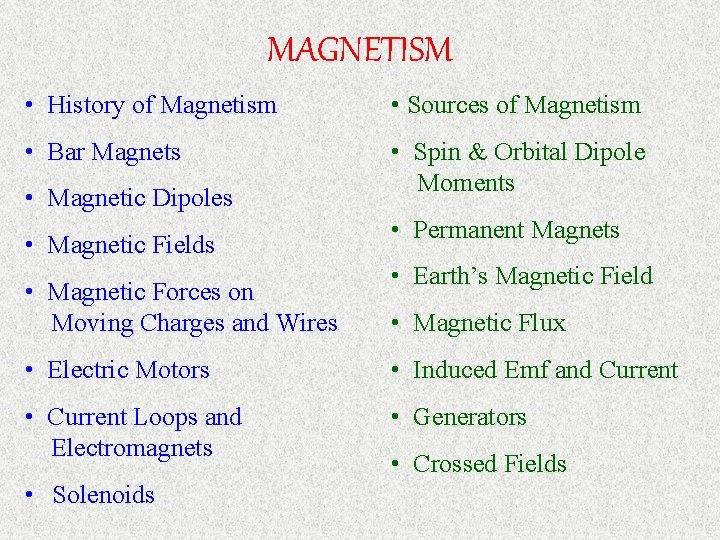 MAGNETISM • History of Magnetism • Sources of Magnetism • Bar Magnets • Spin