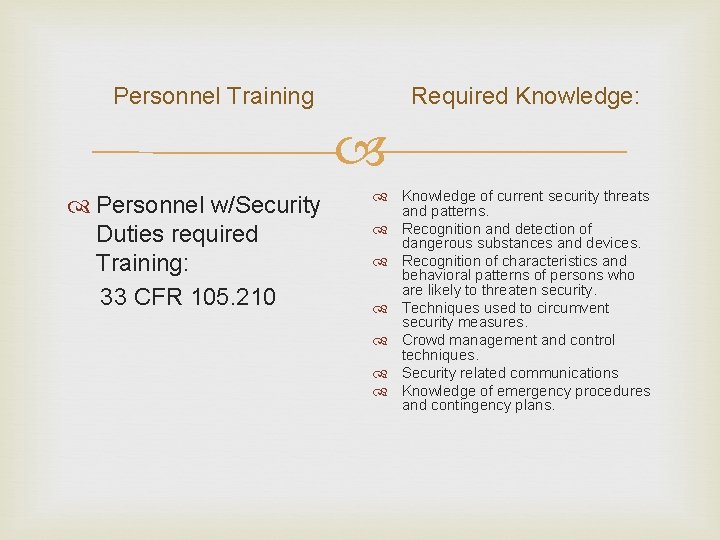 Required Knowledge: Personnel Training Personnel w/Security Duties required Training: 33 CFR 105. 210 Knowledge Required Knowledge: Personnel Training Personnel w/Security Duties required Training: 33 CFR 105. 210 Knowledge