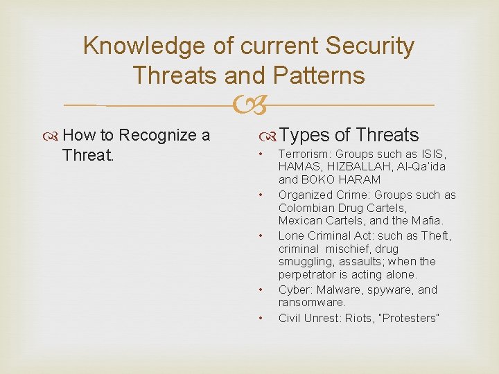 Knowledge of current Security Threats and Patterns How to Recognize a Threat. Types of Knowledge of current Security Threats and Patterns How to Recognize a Threat. Types of