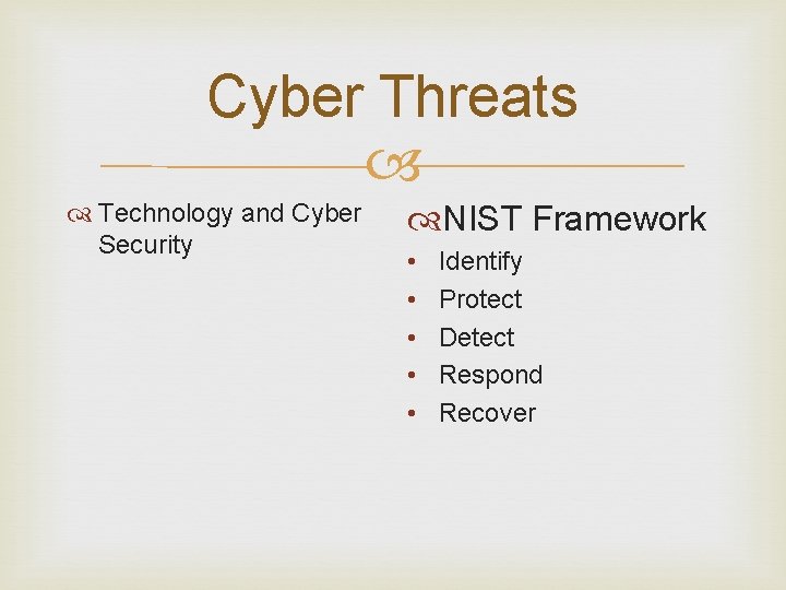 Cyber Threats Technology and Cyber Security NIST Framework • • • Identify Protect Detect Cyber Threats Technology and Cyber Security NIST Framework • • • Identify Protect Detect
