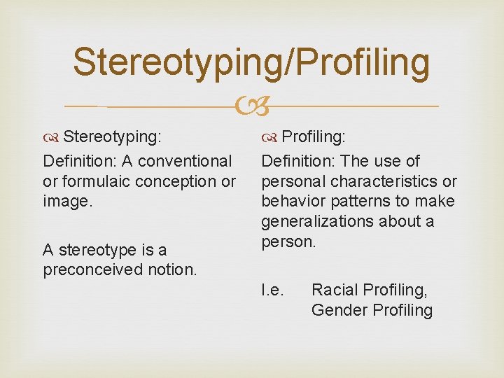 Stereotyping/Profiling Stereotyping: Definition: A conventional or formulaic conception or image. A stereotype is a Stereotyping/Profiling Stereotyping: Definition: A conventional or formulaic conception or image. A stereotype is a