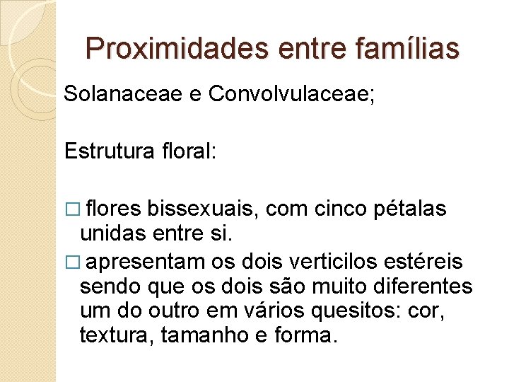 Proximidades entre famílias Solanaceae e Convolvulaceae; Estrutura floral: � flores bissexuais, com cinco pétalas