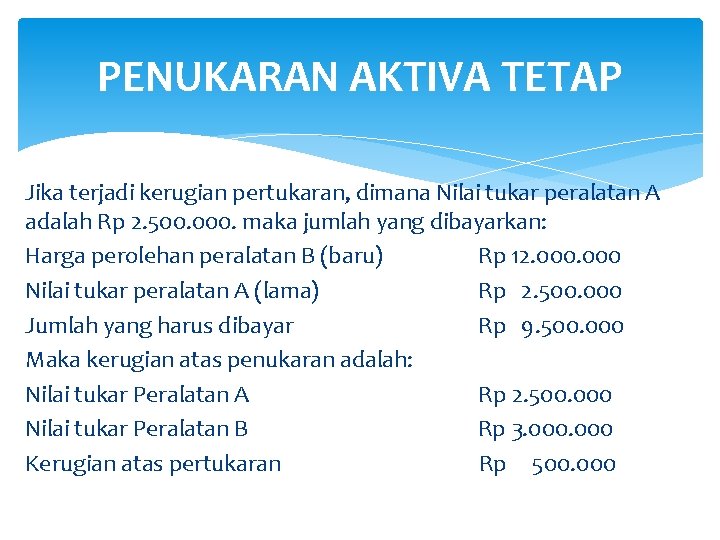 PENUKARAN AKTIVA TETAP Jika terjadi kerugian pertukaran, dimana Nilai tukar peralatan A adalah Rp