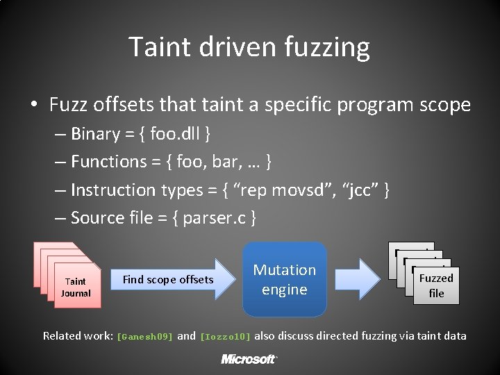 Taint driven fuzzing • Fuzz offsets that taint a specific program scope – Binary