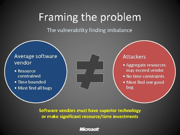 Framing the problem The vulnerability finding imbalance Average software vendor • Resource constrained •