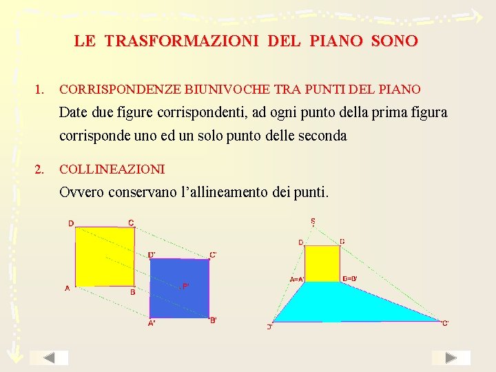 LE TRASFORMAZIONI DEL PIANO SONO 1. CORRISPONDENZE BIUNIVOCHE TRA PUNTI DEL PIANO Date due