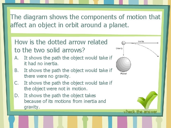 The diagram shows the components of motion that affect an object in orbit around