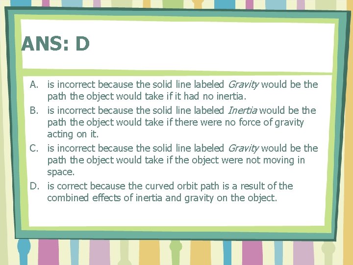 ANS: D A. is incorrect because the solid line labeled Gravity would be the