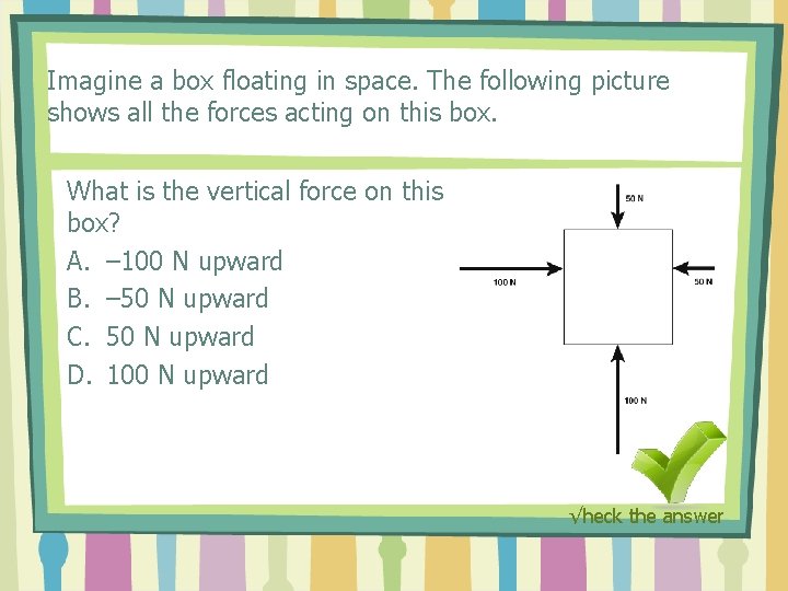 Imagine a box floating in space. The following picture shows all the forces acting