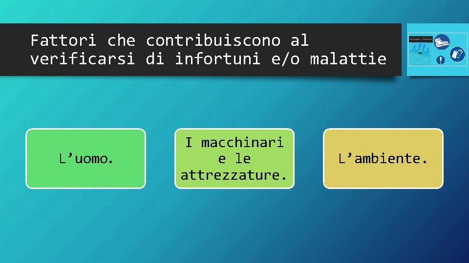 Fattori che contribuiscono al verificarsi di infortuni e/o malattie L’uomo. I macchinari e le