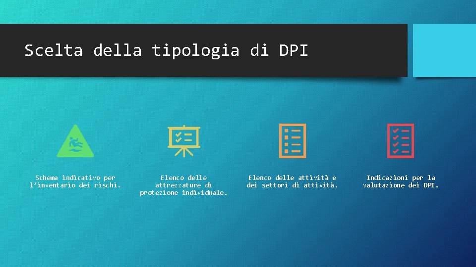 Scelta della tipologia di DPI Schema indicativo per l’inventario dei rischi. Elenco delle attrezzature