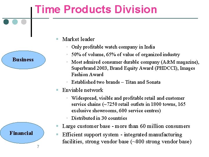 Time Products Division § Market leader • Only profitable watch company in India •