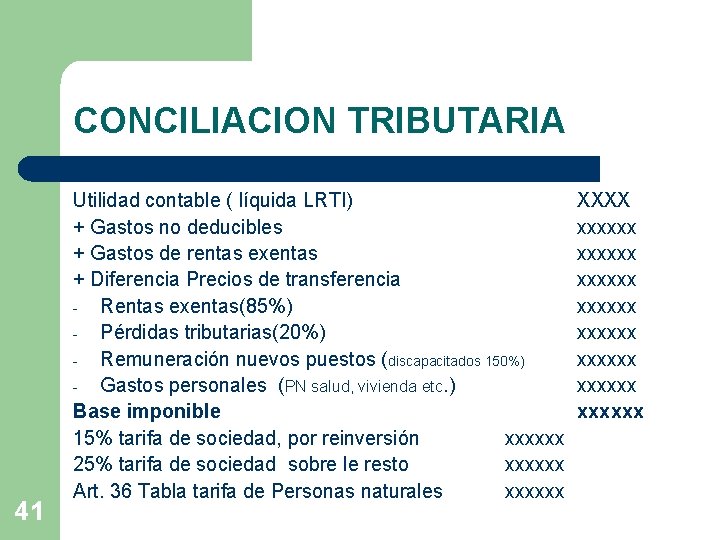 CONCILIACION TRIBUTARIA 41 Utilidad contable ( líquida LRTI) + Gastos no deducibles + Gastos