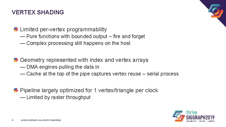 VERTEX SHADING Limited per-vertex programmability — Pure functions with bounded output – fire and