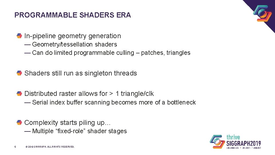 PROGRAMMABLE SHADERS ERA In-pipeline geometry generation — Geometry/tessellation shaders — Can do limited programmable