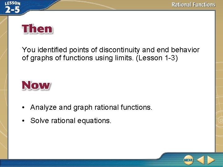 You identified points of discontinuity and end behavior of graphs of functions using limits.