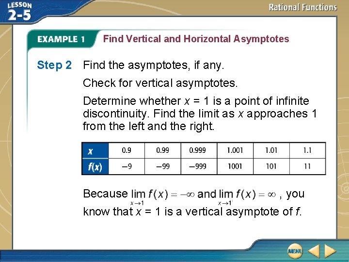Find Vertical and Horizontal Asymptotes Step 2 Find the asymptotes, if any. Check for